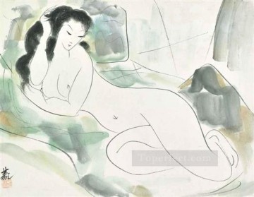 リン・フォンミアン Painting - 横たわる裸の古い中国の墨